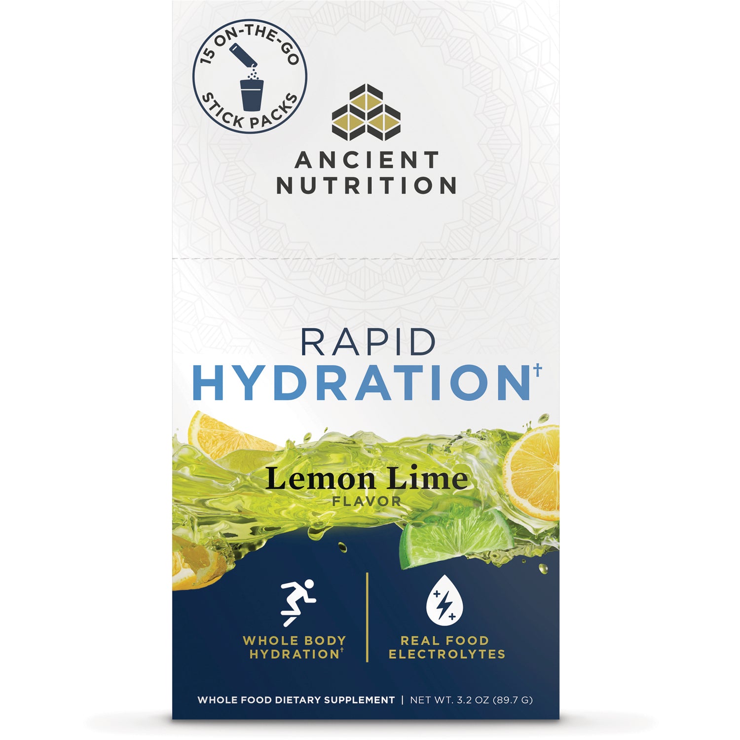 ATN143 | Ancient Nutrition Rapid Hydration Lemon Lime stick packs box front with lemon and lime splash
