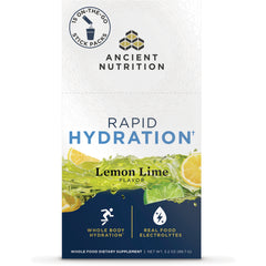 ATN143 | Ancient Nutrition Rapid Hydration Lemon Lime stick packs box front with lemon and lime splash