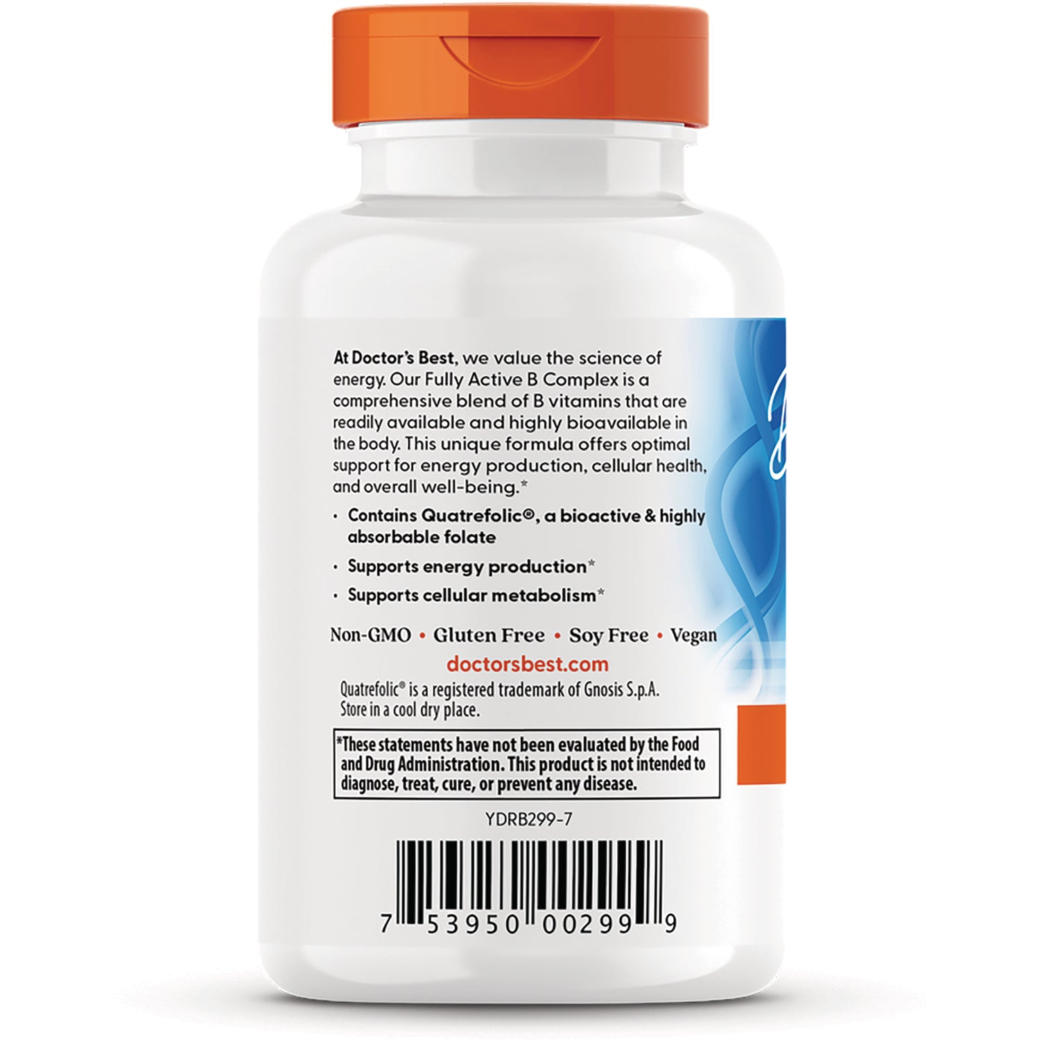 DB225 | Back of white supplement bottle with orange cap showing ingredients, claims and barcode