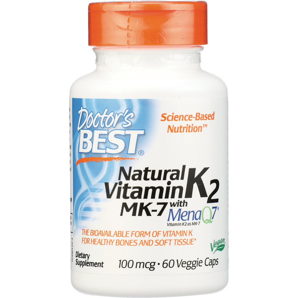 DB243 | Doctor's Best Natural Vitamin K2 MK-7 bottle, 100 mcg, 60 veggie caps, white bottle with orange cap - Thumbnail