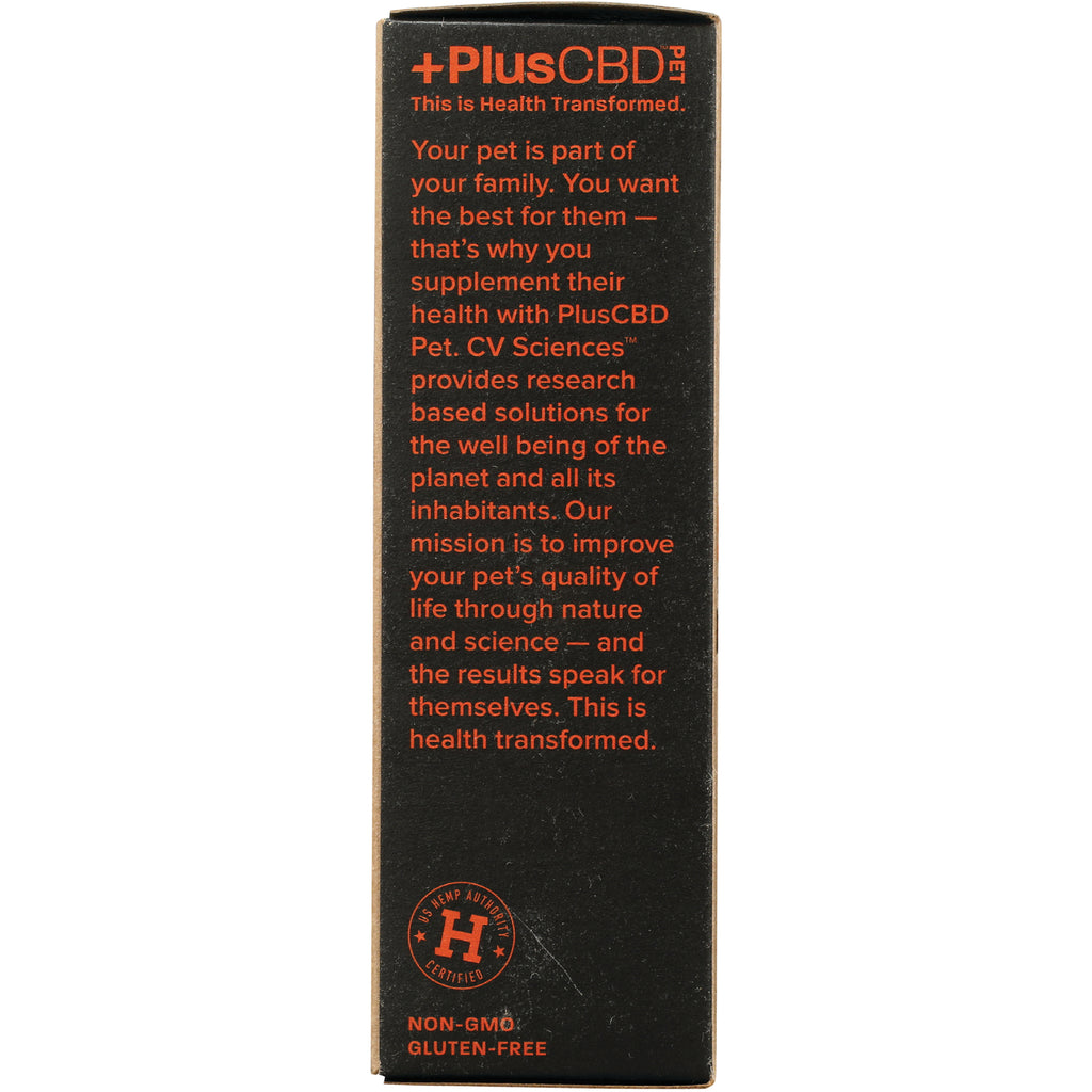 CV030 | side panel with PlusCBD Pet marketing text, US Hemp Authority badge and non-GMO gluten-free labels - Thumbnail
