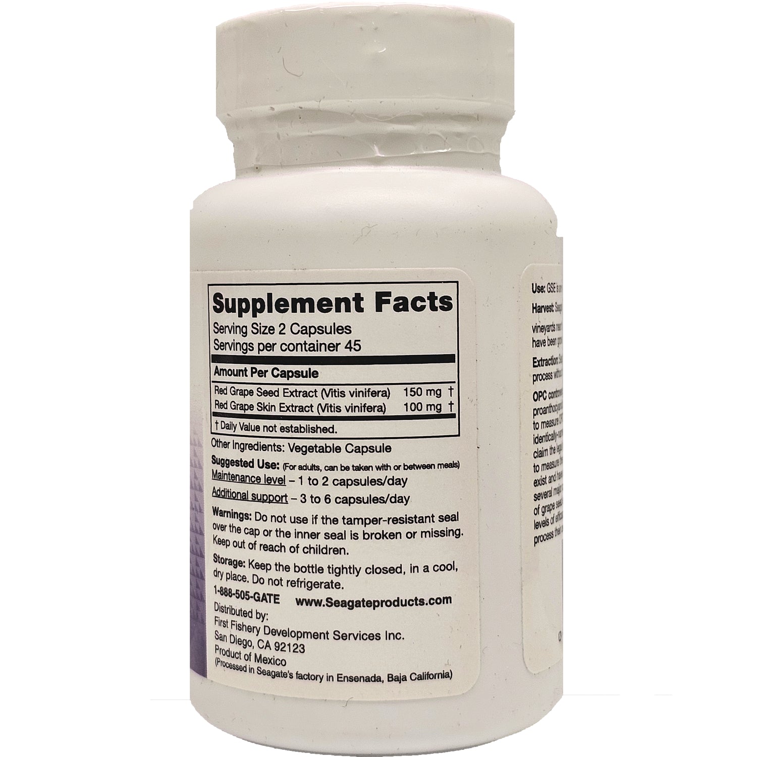 SEG004 | Back label showing Supplement Facts, serving size, ingredients, warnings and storage on white supplement bottle