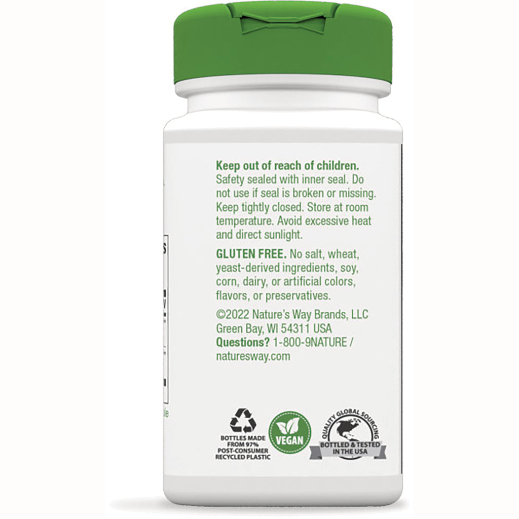 NW107 | back of white supplement bottle showing storage instructions, GLUTEN FREE statement, contact info and vegan icon - Thumbnail