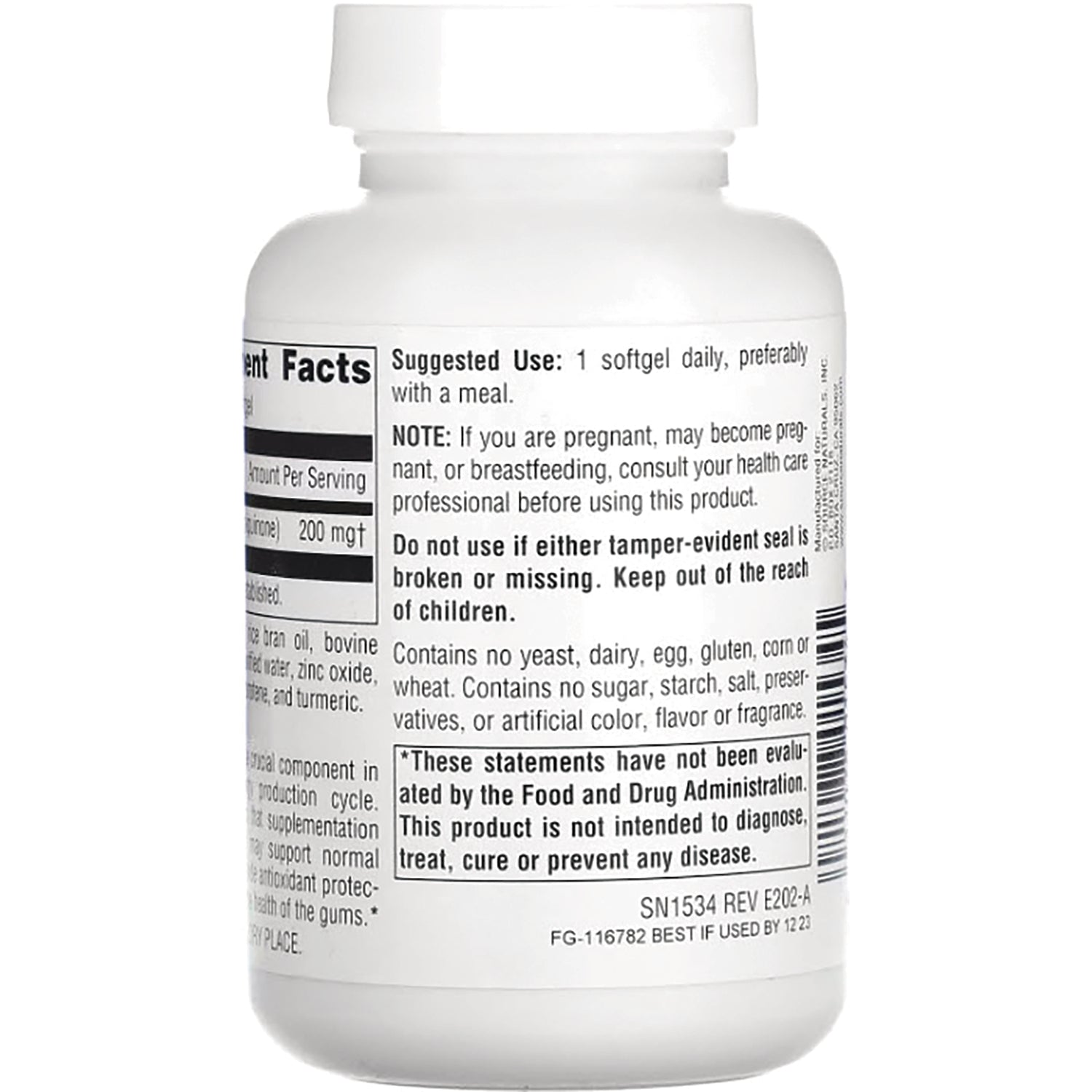 SN641 | Supplement bottle back label with Supplement Facts, suggested use, warnings, and barcode