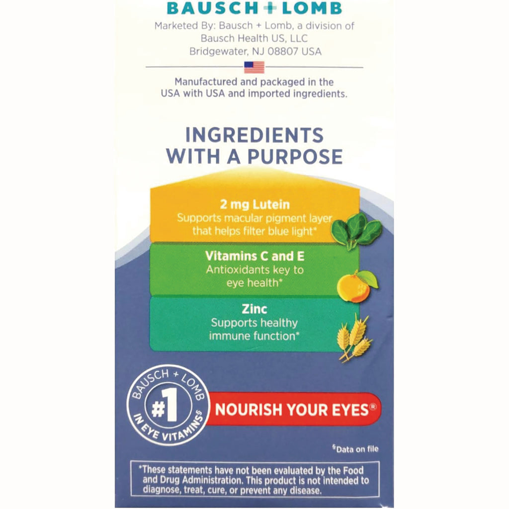 BNL014 | Back panel listing key ingredients 2 mg Lutein, Vitamins C and E, Zinc with Bausch + Lomb branding - Thumbnail