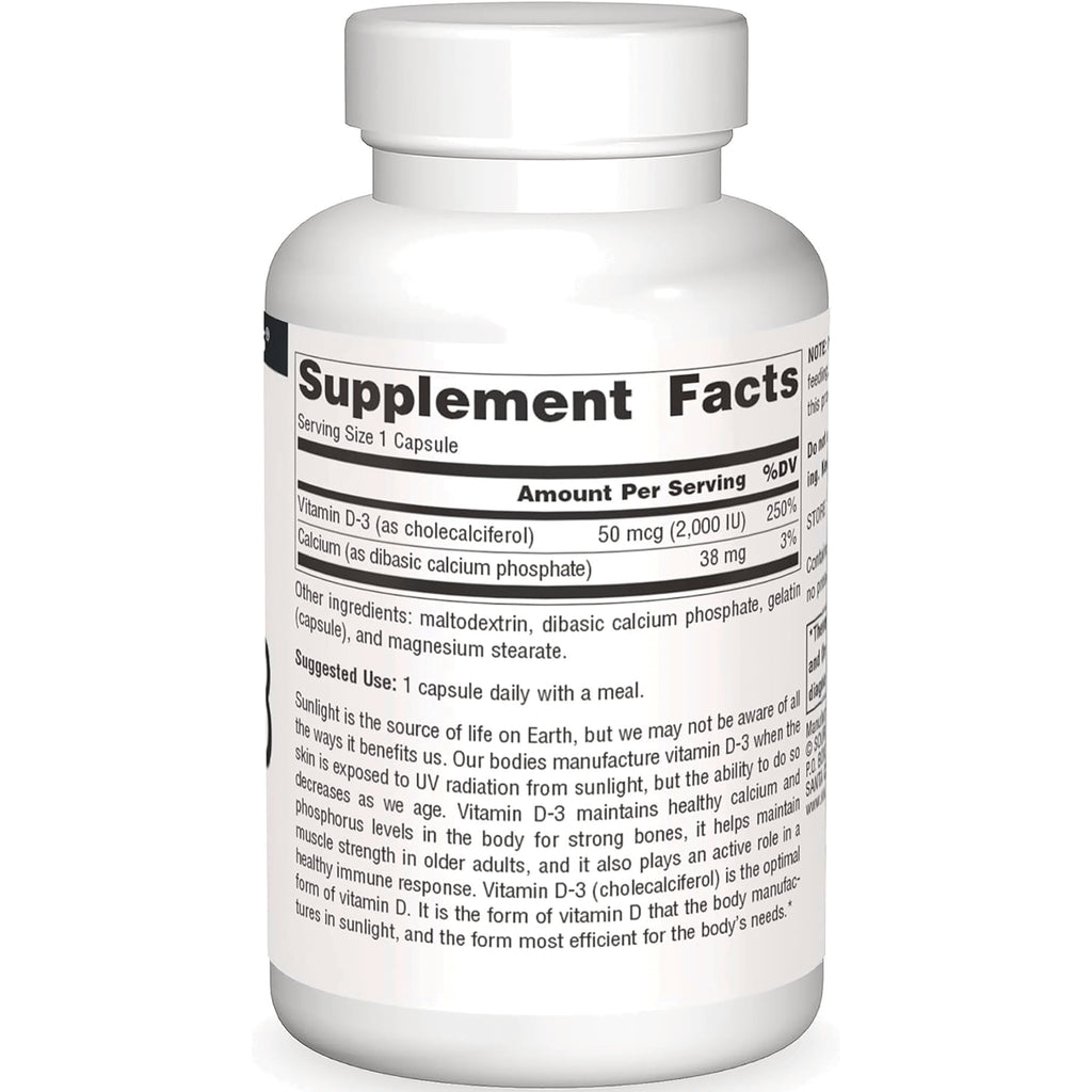 SN402 | Supplement Facts panel showing serving size 1 capsule, Vitamin D-3 50 mcg (2,000 IU), Calcium 38 mg - Thumbnail
