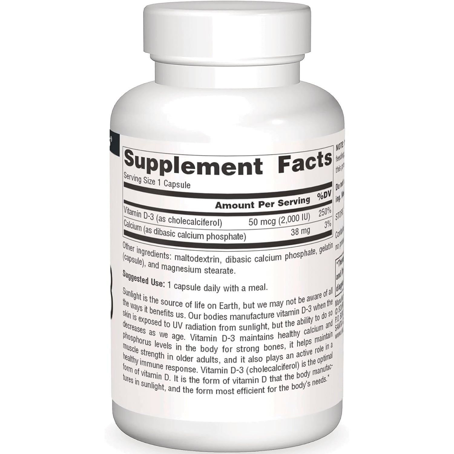 SN402 | Supplement Facts panel showing serving size 1 capsule, Vitamin D-3 50 mcg (2,000 IU), Calcium 38 mg