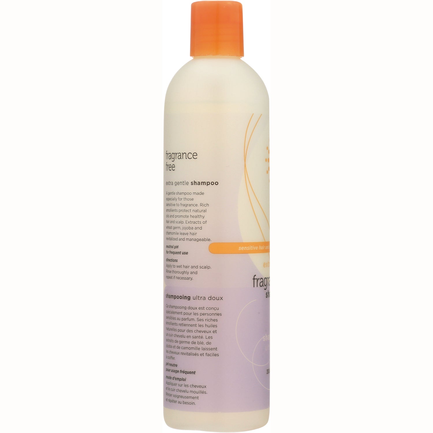 ERS011 | back of tall white shampoo bottle with orange cap labeled fragrance free extra gentle shampoo and directions