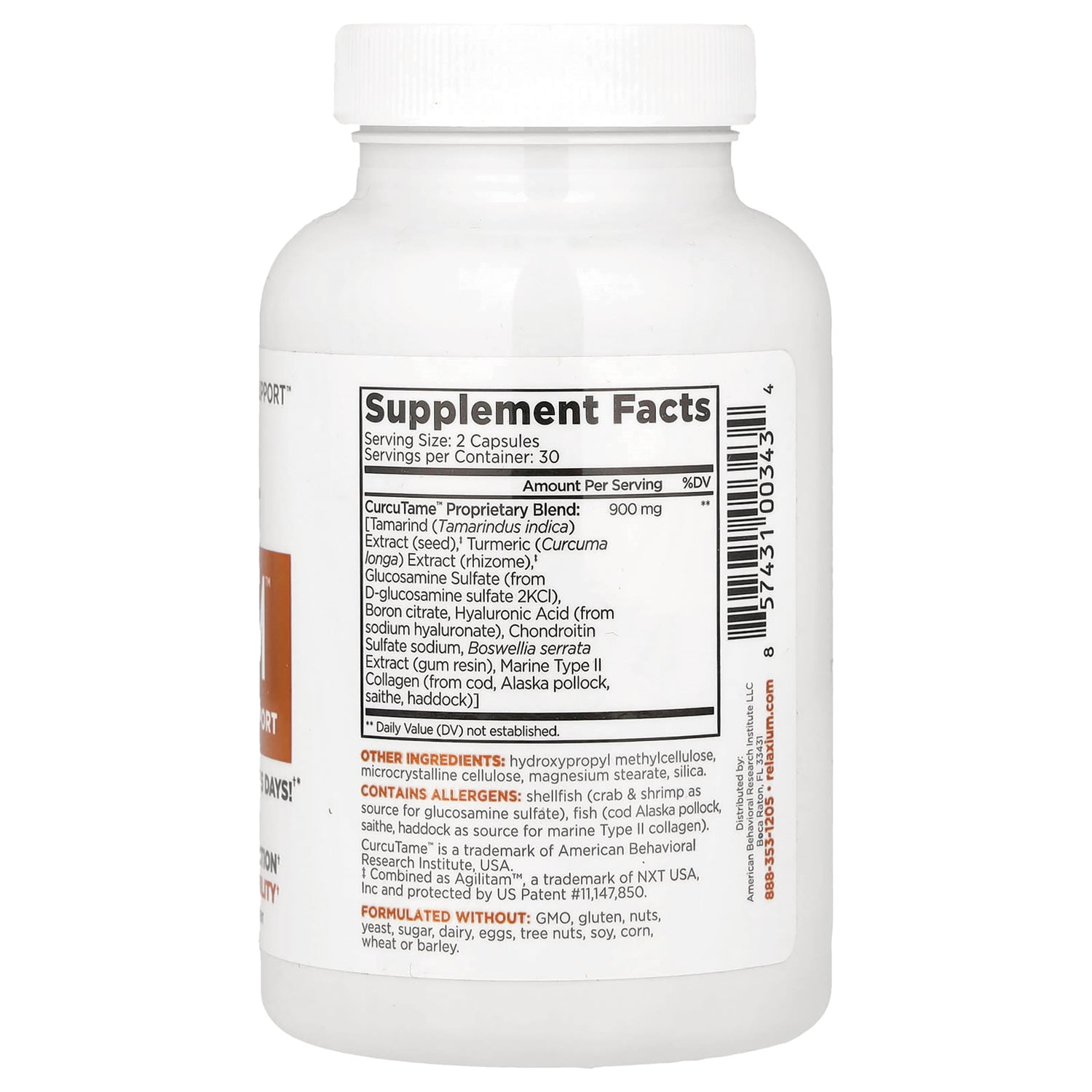 Back of white supplement bottle showing Supplement Facts label, ingredient list, and barcode