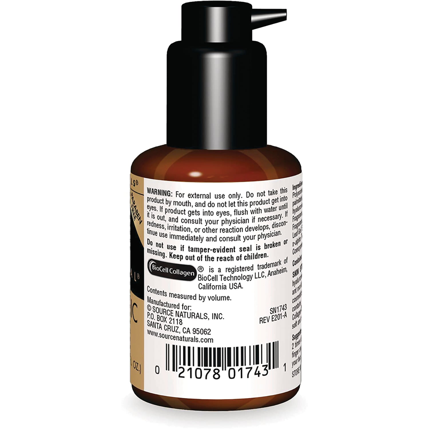 SN173 | Back label showing warning text, ingredients, and barcode on amber pump bottle