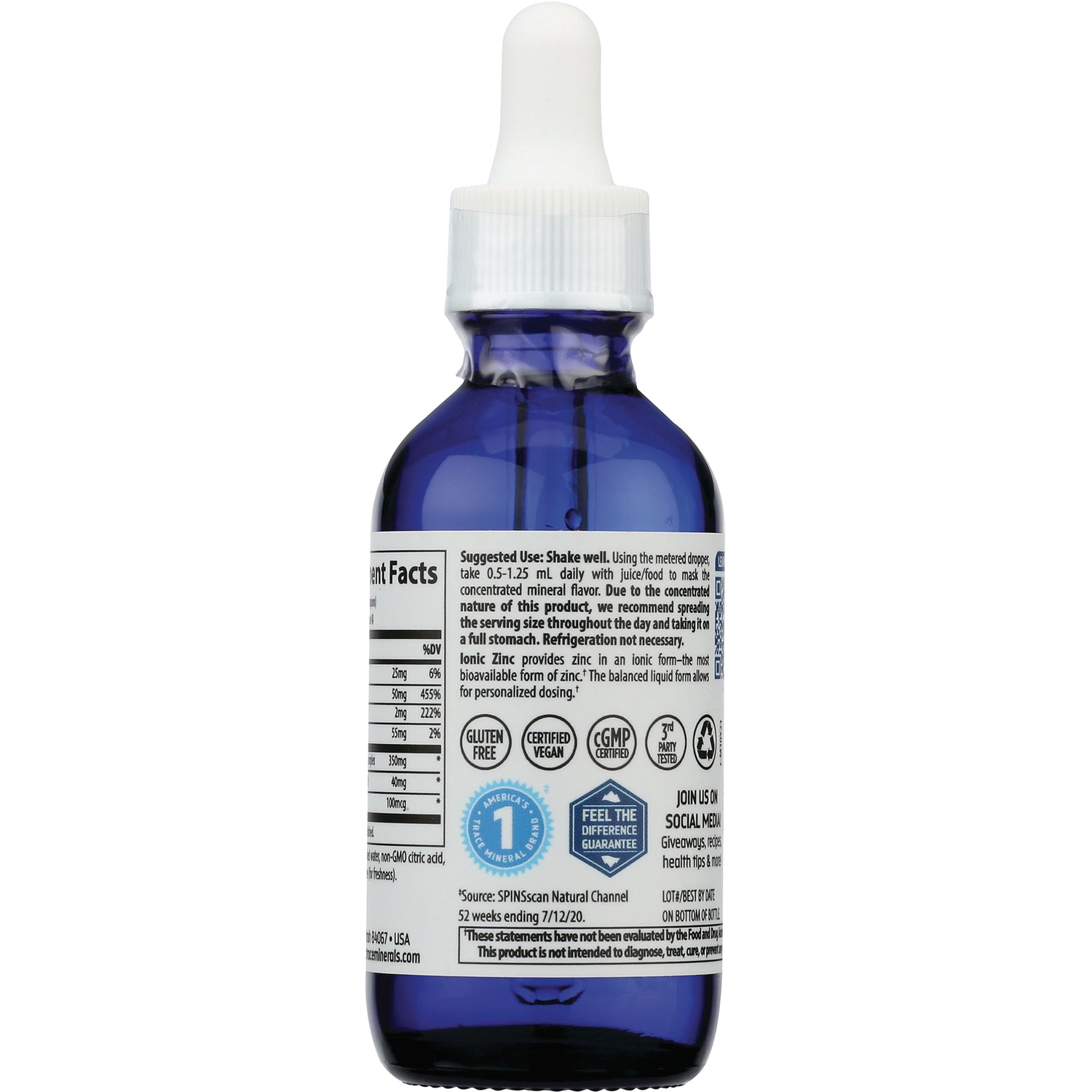 TM027 | Back label of blue dropper bottle showing Supplement Facts, directions, and Gluten Free, Certified Vegan, cGMP icons
