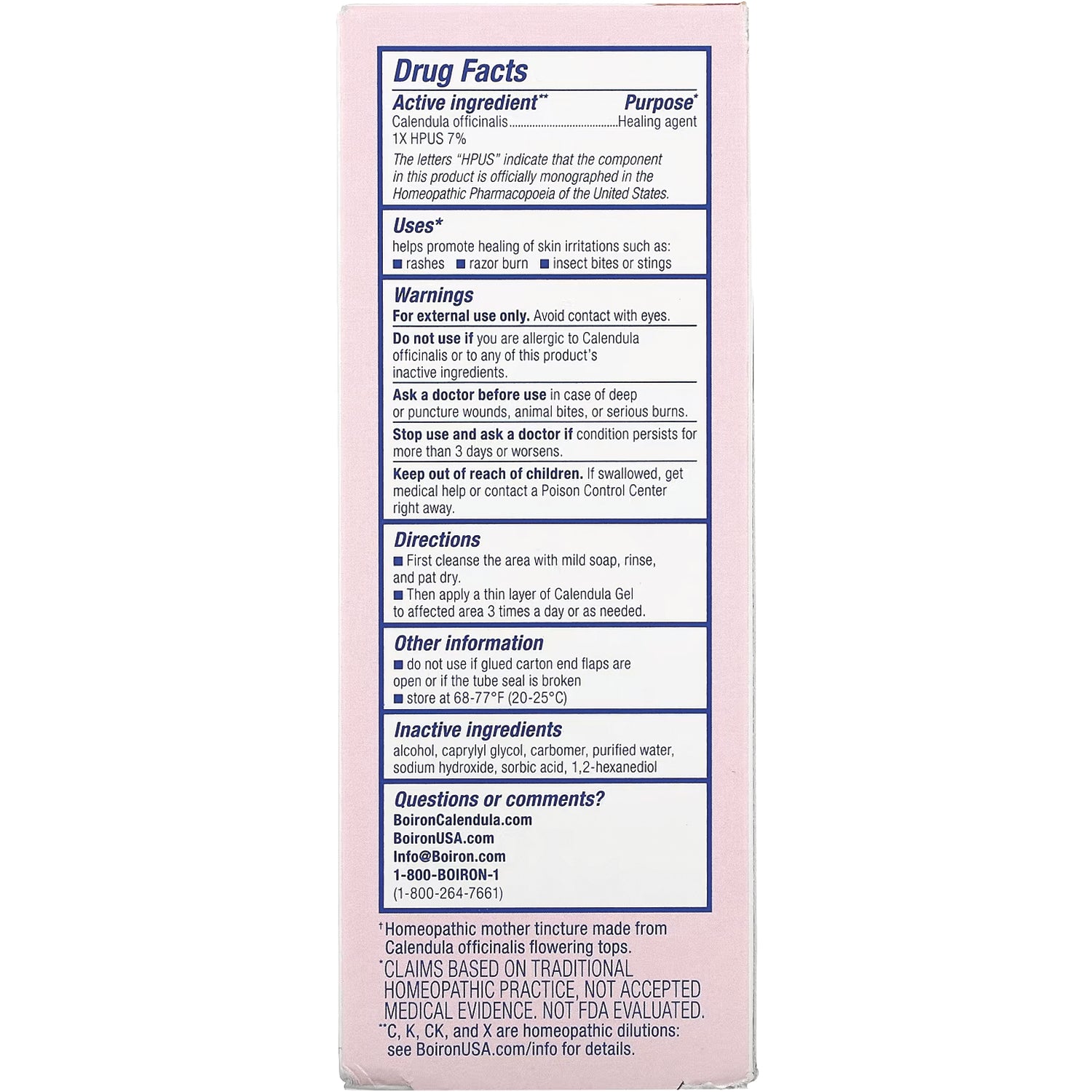 BRN020 | Back of pink box with Drug Facts panel and text listing Calendula officinalis, warnings, directions, and contact info