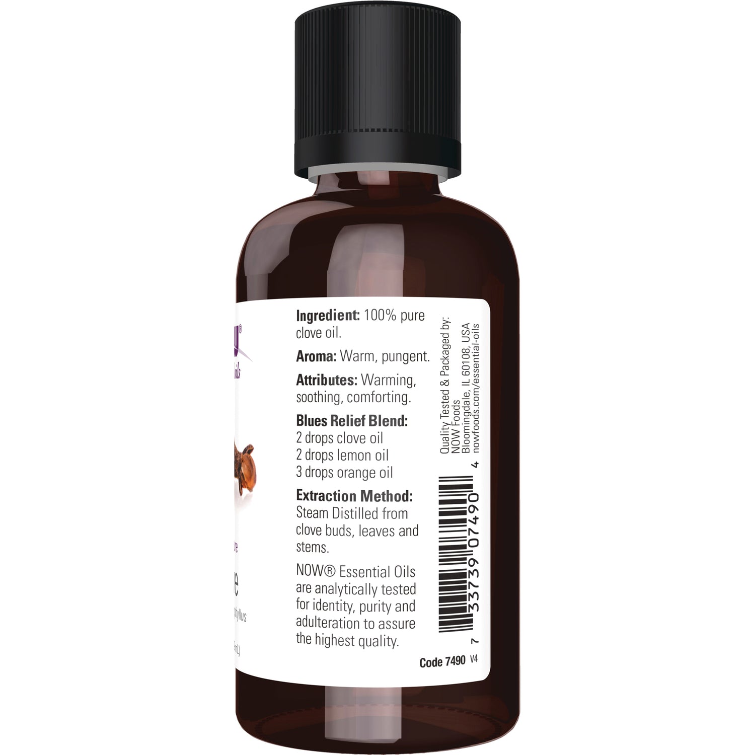 NWF235 | Back label of amber bottle showing ingredient 100% pure clove oil, extraction method, blend directions and barcode