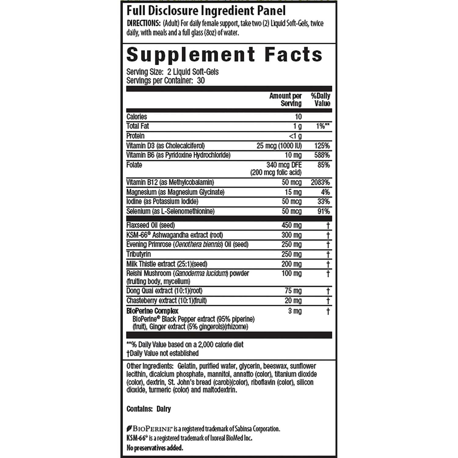 IR296 | Supplement Facts label showing serving size, vitamins, minerals and botanical extracts