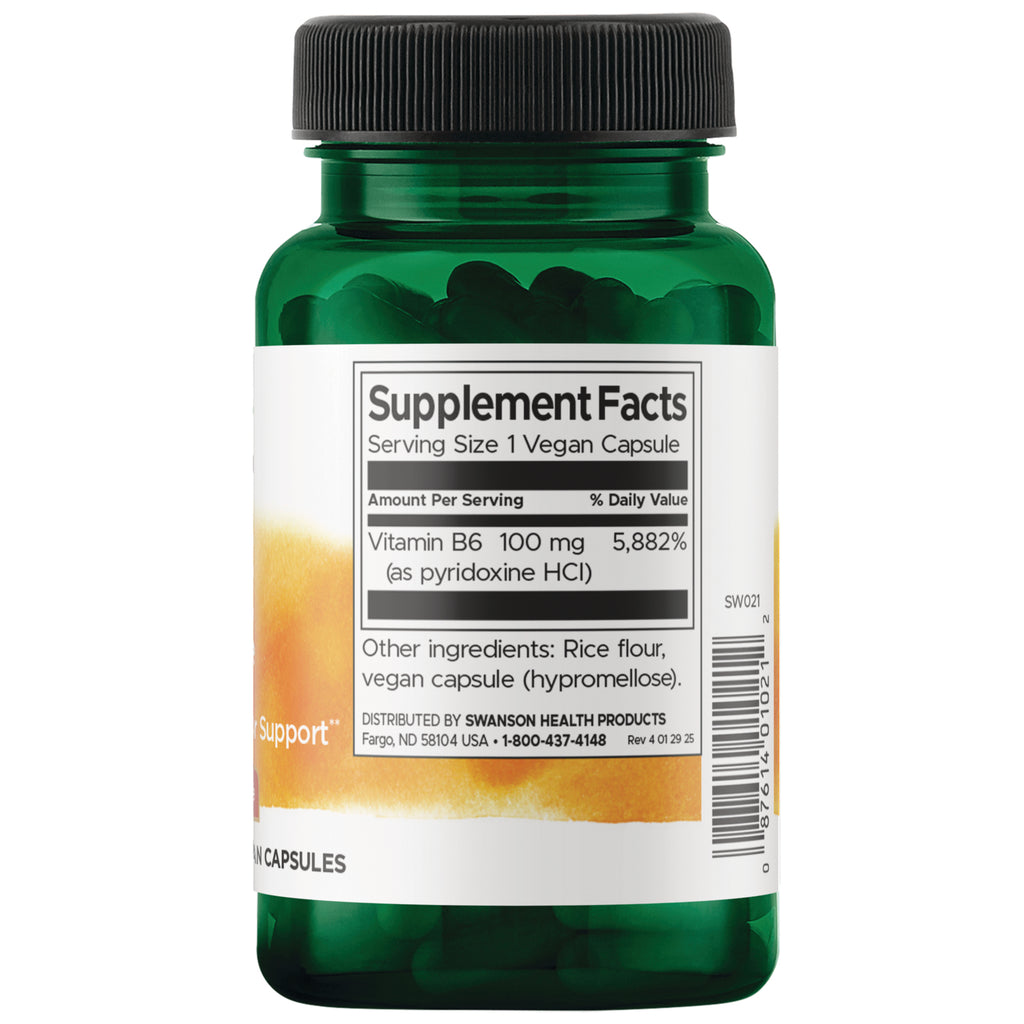 SW021 | Back label with Supplement Facts: serving size 1 vegan capsule; Vitamin B6 100 mg; other ingredients listed - Thumbnail