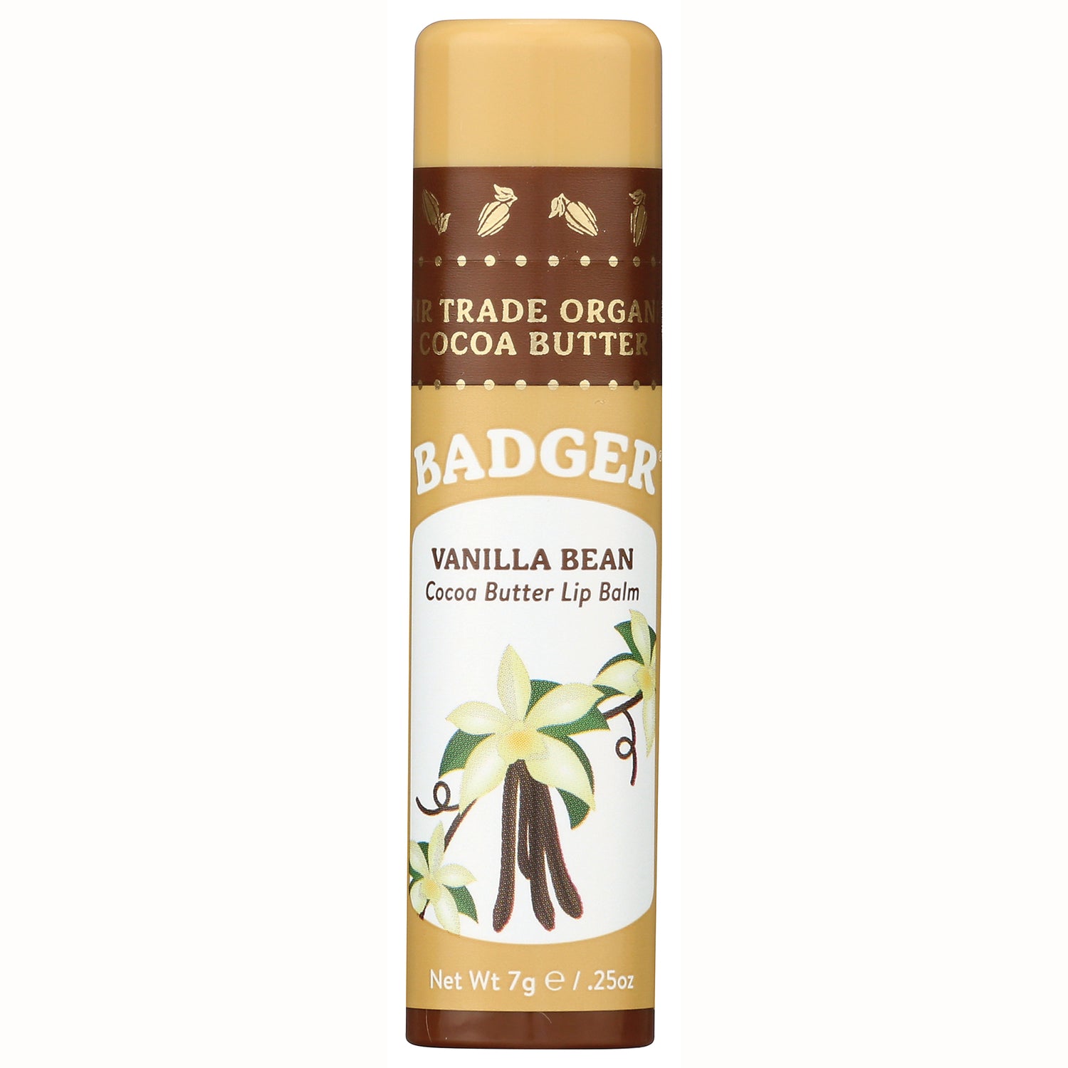 BAD004 | Badger Vanilla Bean cocoa butter lip balm tube front with vanilla flower illustration