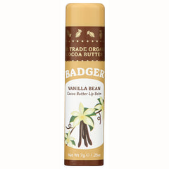 BAD004 | Badger Vanilla Bean cocoa butter lip balm tube front with vanilla flower illustration