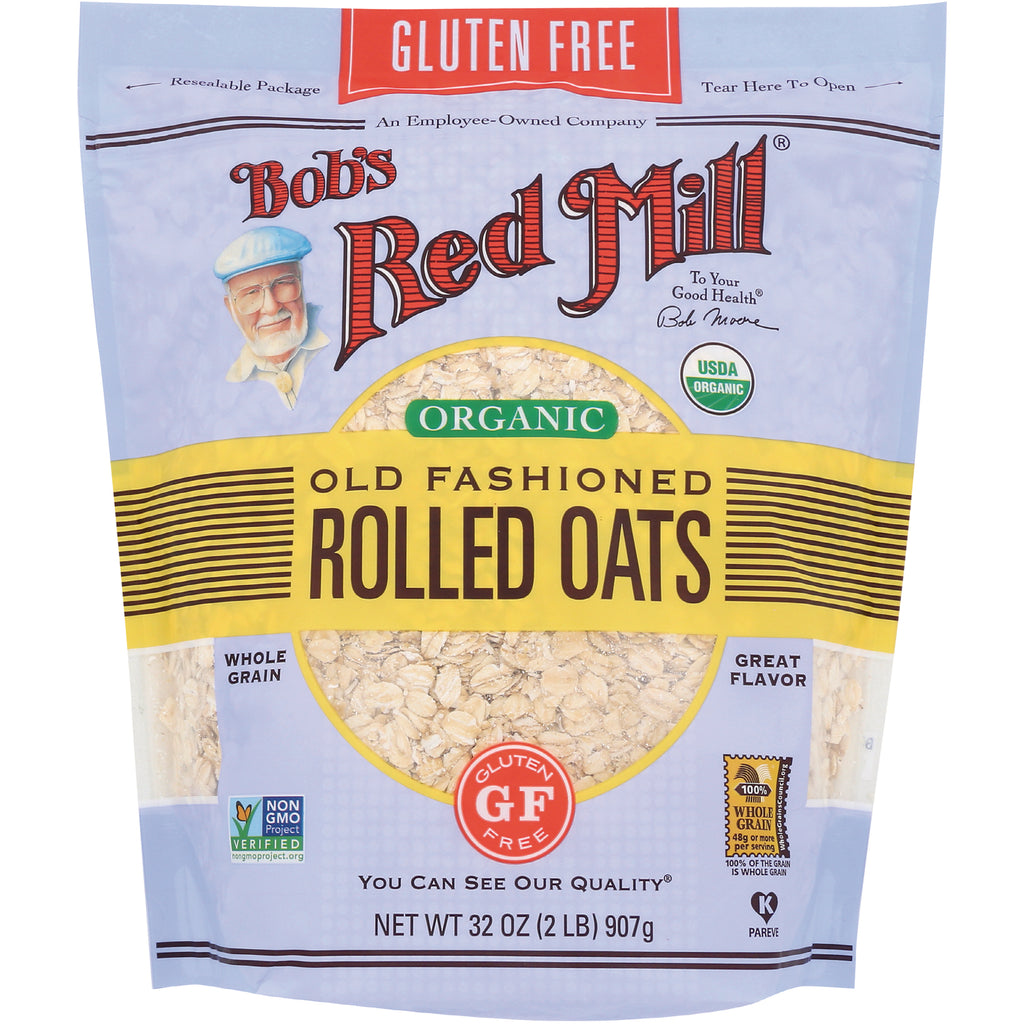 BOB326 | Bob's Red Mill organic old fashioned rolled oats front pouch with gluten free GF badge and NET WT 32 OZ (907g) - Thumbnail