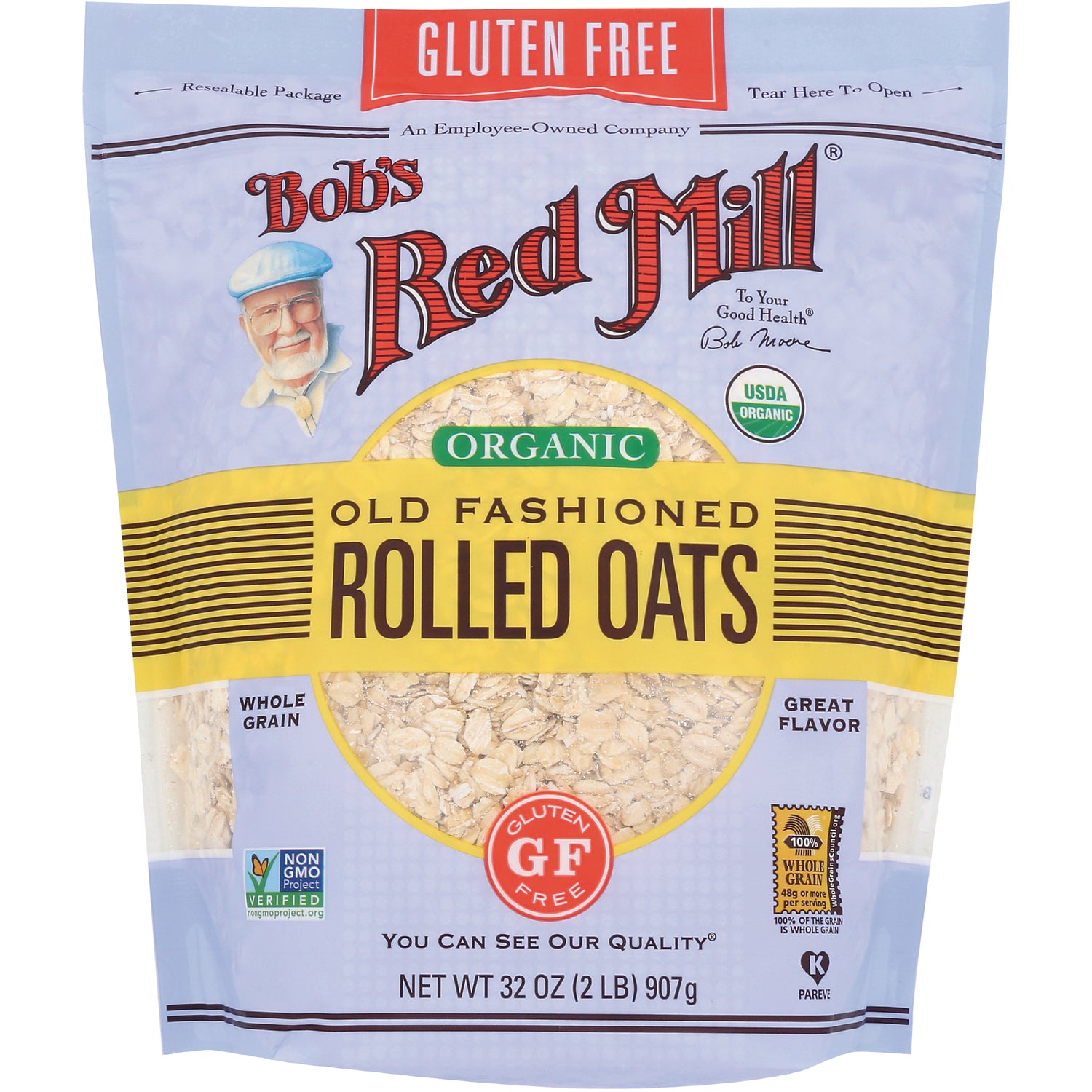 BOB326 | Bob's Red Mill organic old fashioned rolled oats front pouch with gluten free GF badge and NET WT 32 OZ (907g)