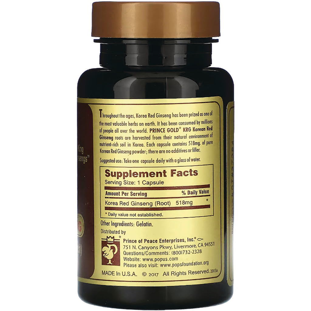 POP011 | back label showing Supplement Facts for Korea Red Ginseng 518 mg per capsule and distributor info - Thumbnail