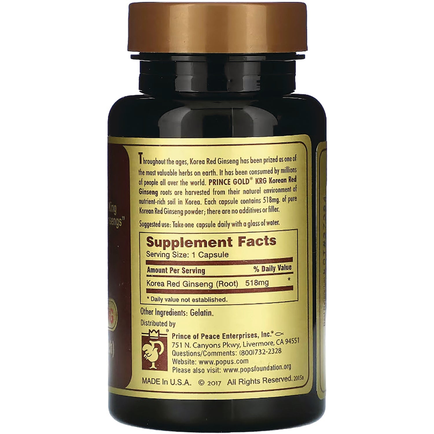 POP011 | back label showing Supplement Facts for Korea Red Ginseng 518 mg per capsule and distributor info