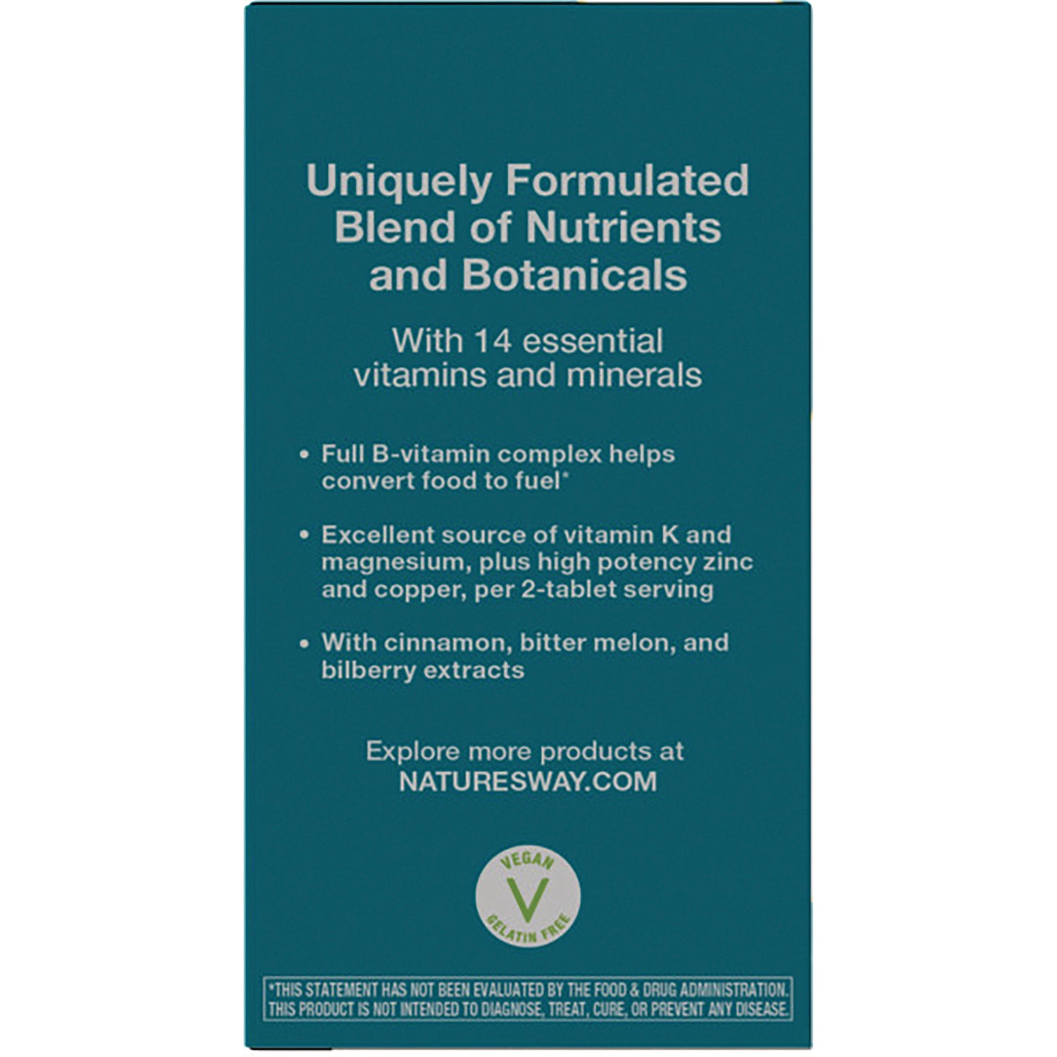 ET376 | product infographic describing 14 essential vitamins and minerals, B-vitamin benefits, vitamin K and magnesium, botanicals, and NATURESWAY.COM