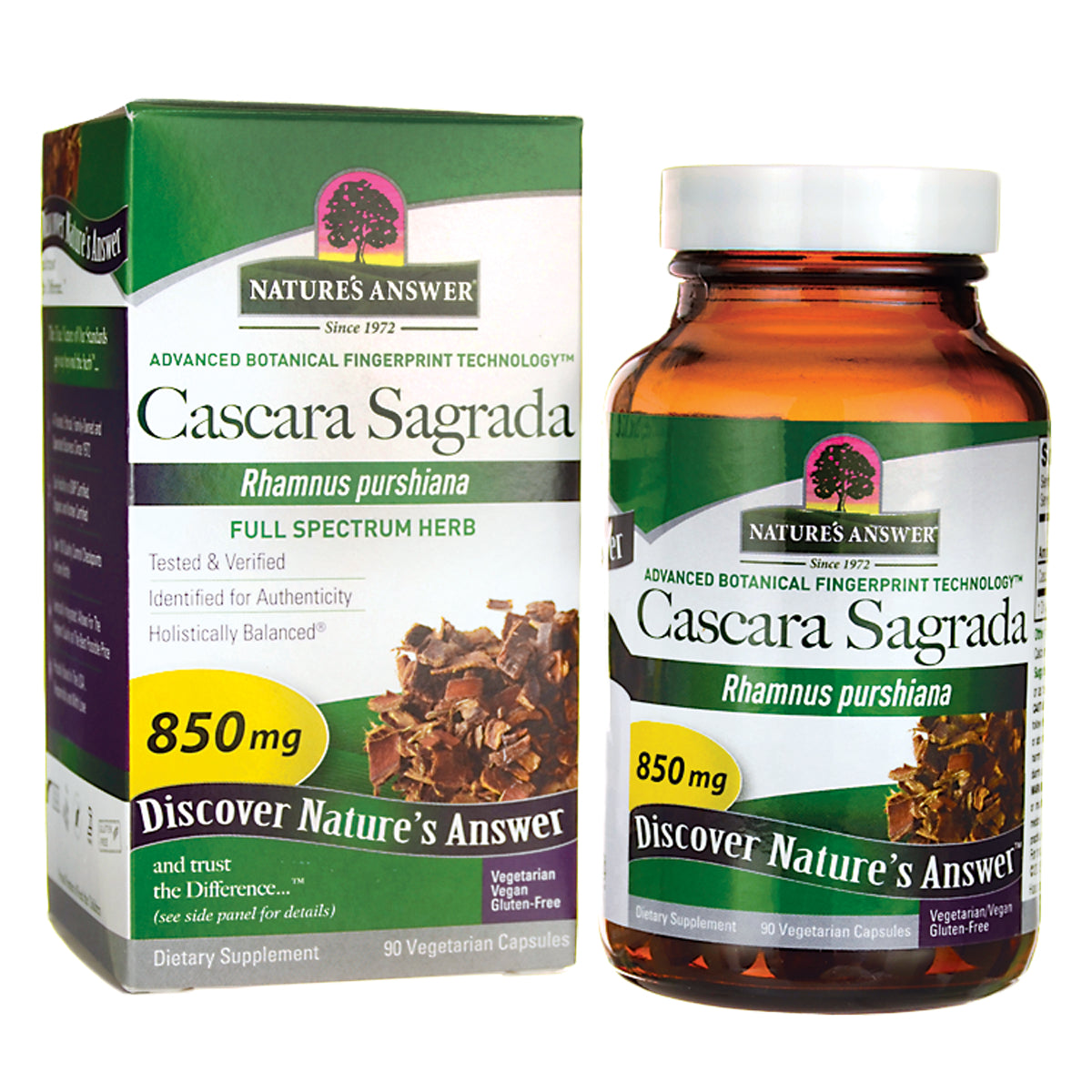 NAT157 | Box and amber bottle of Nature's Answer Cascara Sagrada 850 mg dietary supplement, 90 vegetarian capsules