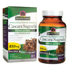 NAT157 | Box and amber bottle of Nature's Answer Cascara Sagrada 850 mg dietary supplement, 90 vegetarian capsules