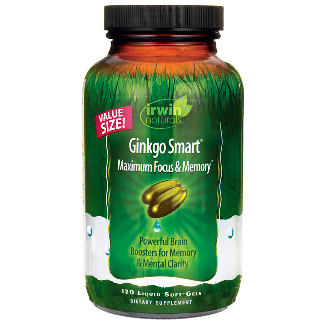 IR095 | Irwin Naturals Ginkgo Smart bottle with green label reading Ginkgo Smart Maximum Focus & Memory, 120 liquid soft-gels