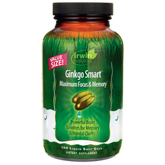 IR095 | Irwin Naturals Ginkgo Smart bottle with green label reading Ginkgo Smart Maximum Focus & Memory, 120 liquid soft-gels
