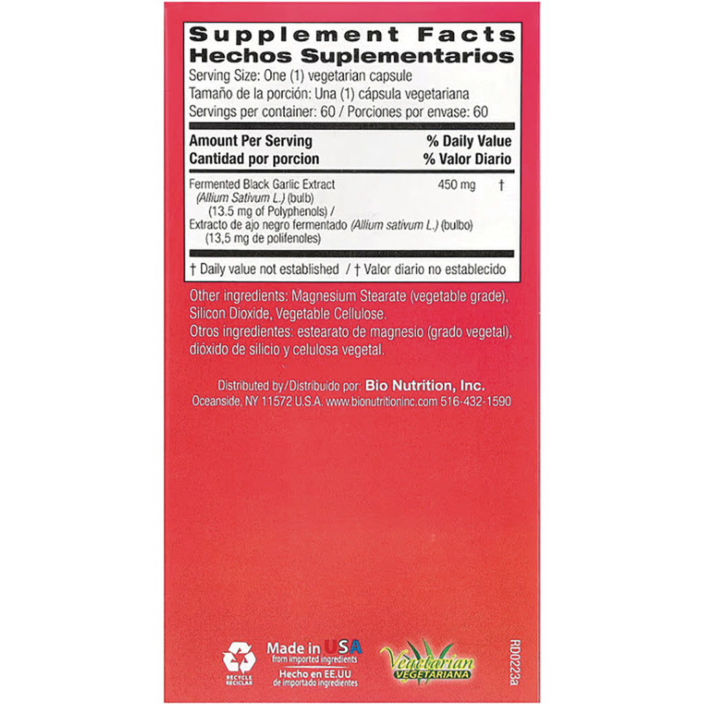 BNN063 | back panel with Supplement Facts and ingredients for fermented black garlic extract 450 mg in English and Spanish - Thumbnail