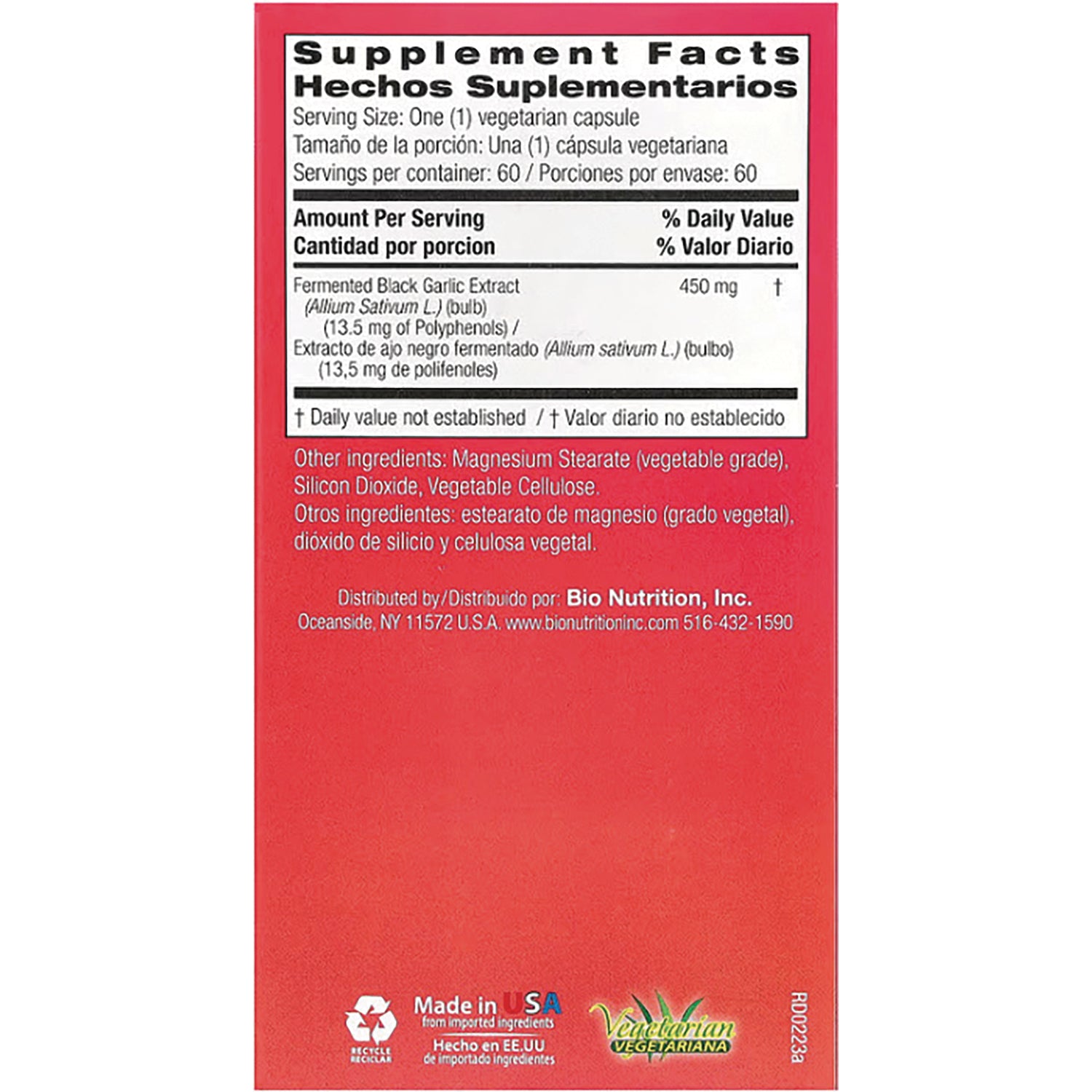 BNN063 | back panel with Supplement Facts and ingredients for fermented black garlic extract 450 mg in English and Spanish