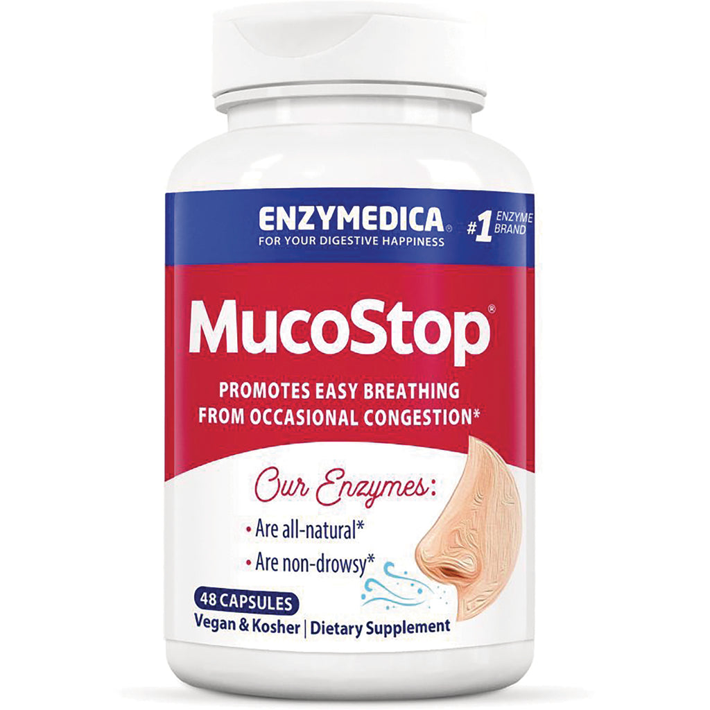 EMD017 | MucoStop supplement bottle front with Enzymedica label, 48 capsules, promotes easy breathing - Thumbnail