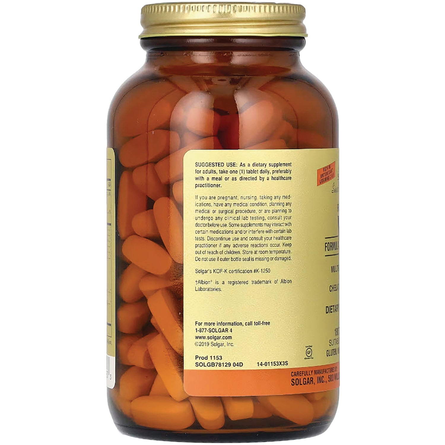 SLG286 | amber supplement bottle showing label with suggested use and contact info and orange tablets inside