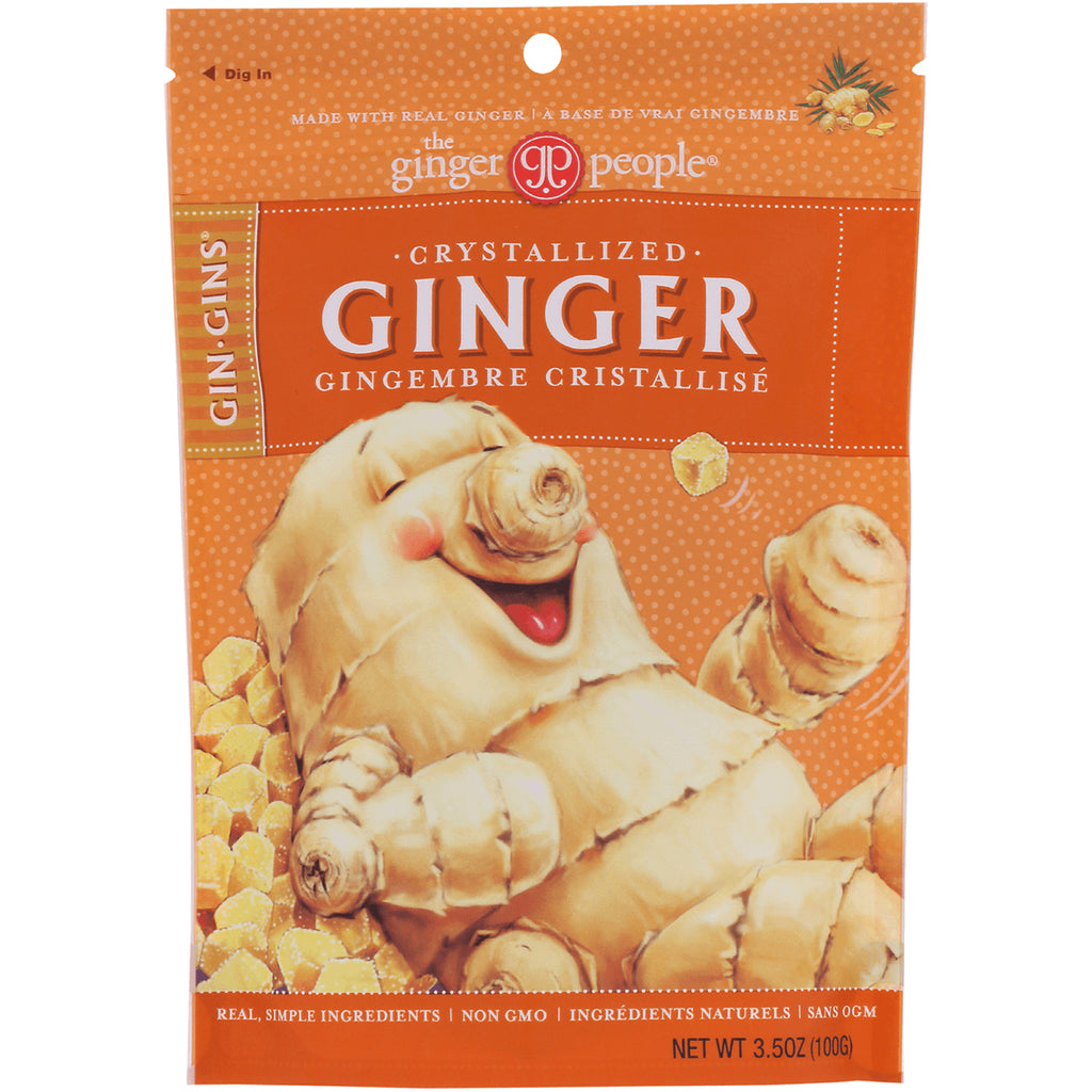 GPE005 | Front pouch of The Ginger People crystallized ginger with smiling ginger root illustration and net wt 3.5 oz - Thumbnail