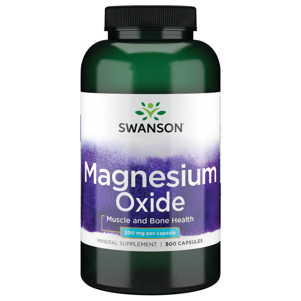 SW197 | Swanson Magnesium Oxide supplement bottle labeled 200 mg per capsule, 500 capsules, muscle and bone health - Thumbnail