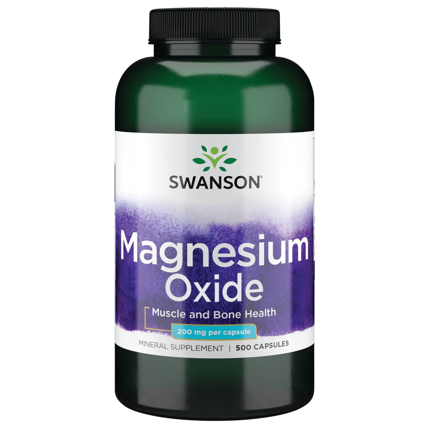 SW197 | Swanson Magnesium Oxide supplement bottle labeled 200 mg per capsule, 500 capsules, muscle and bone health