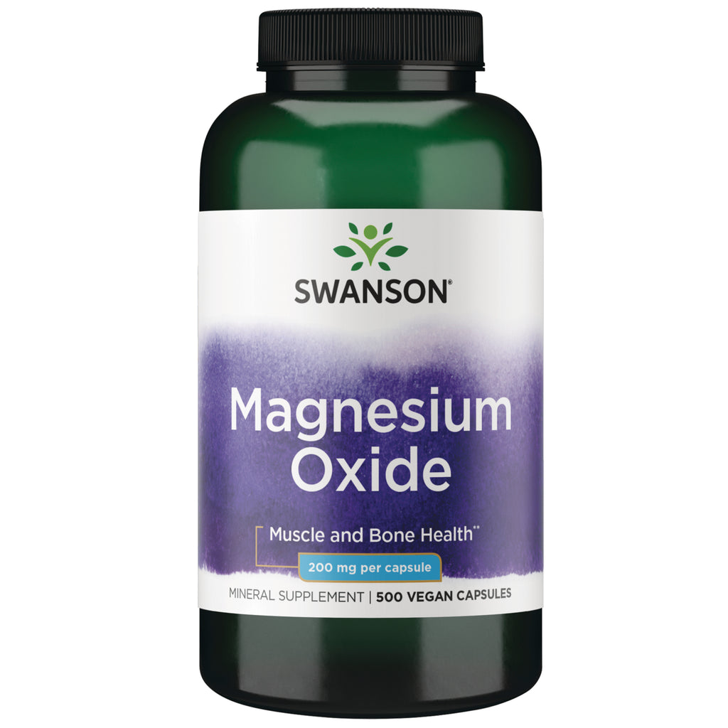 SW197 | Swanson Magnesium Oxide supplement bottle labeled 200 mg per capsule, 500 capsules, muscle and bone health - Thumbnail