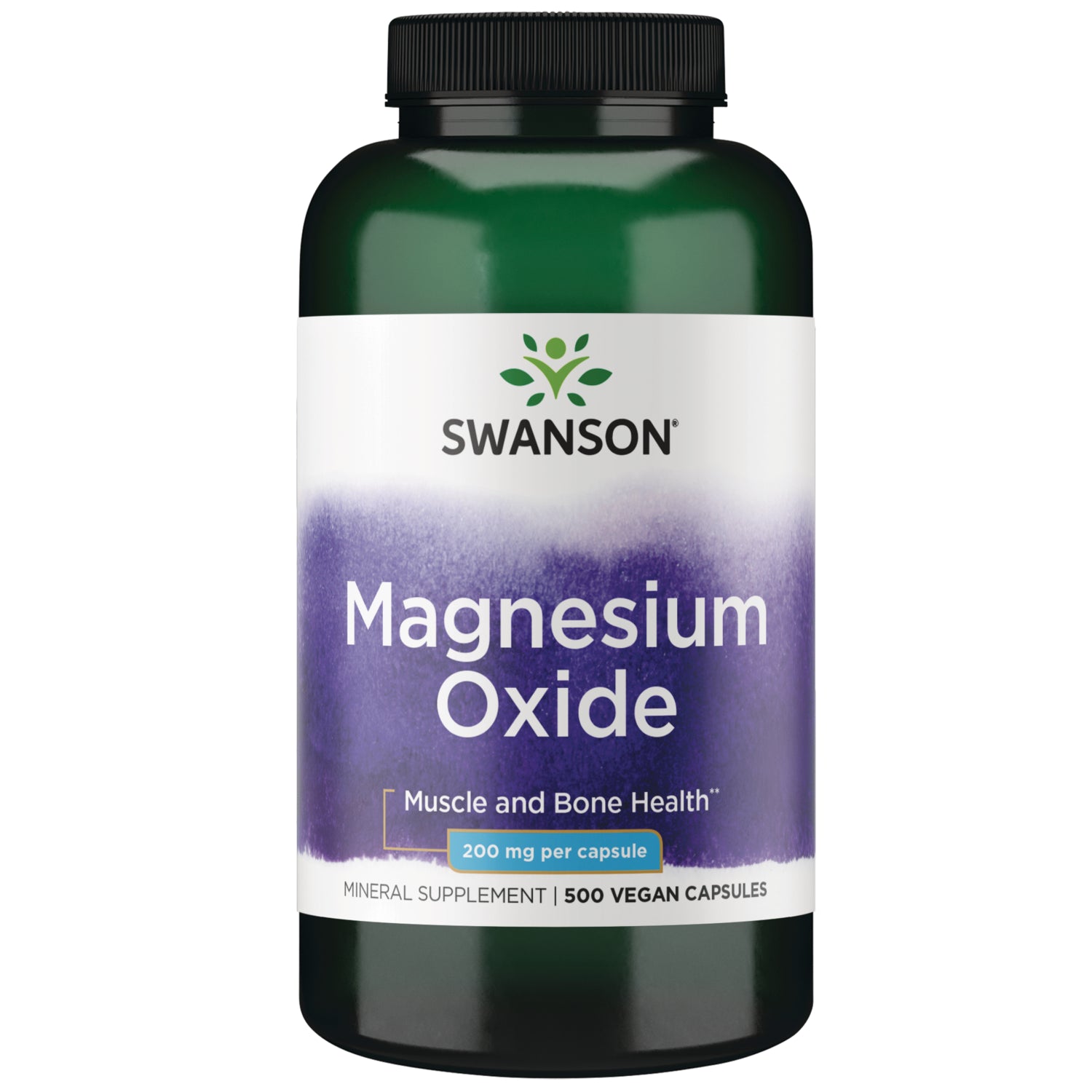 SW197 | Swanson Magnesium Oxide supplement bottle labeled 200 mg per capsule, 500 capsules, muscle and bone health