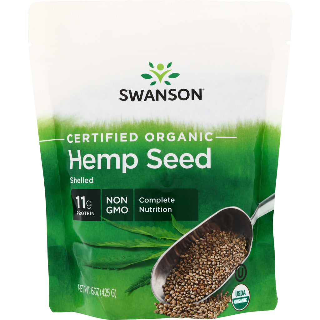 SWF119 | Swanson Certified Organic Hemp Seed shelled pouch, front of pack with 11g protein, Non GMO, USDA Organic - Thumbnail