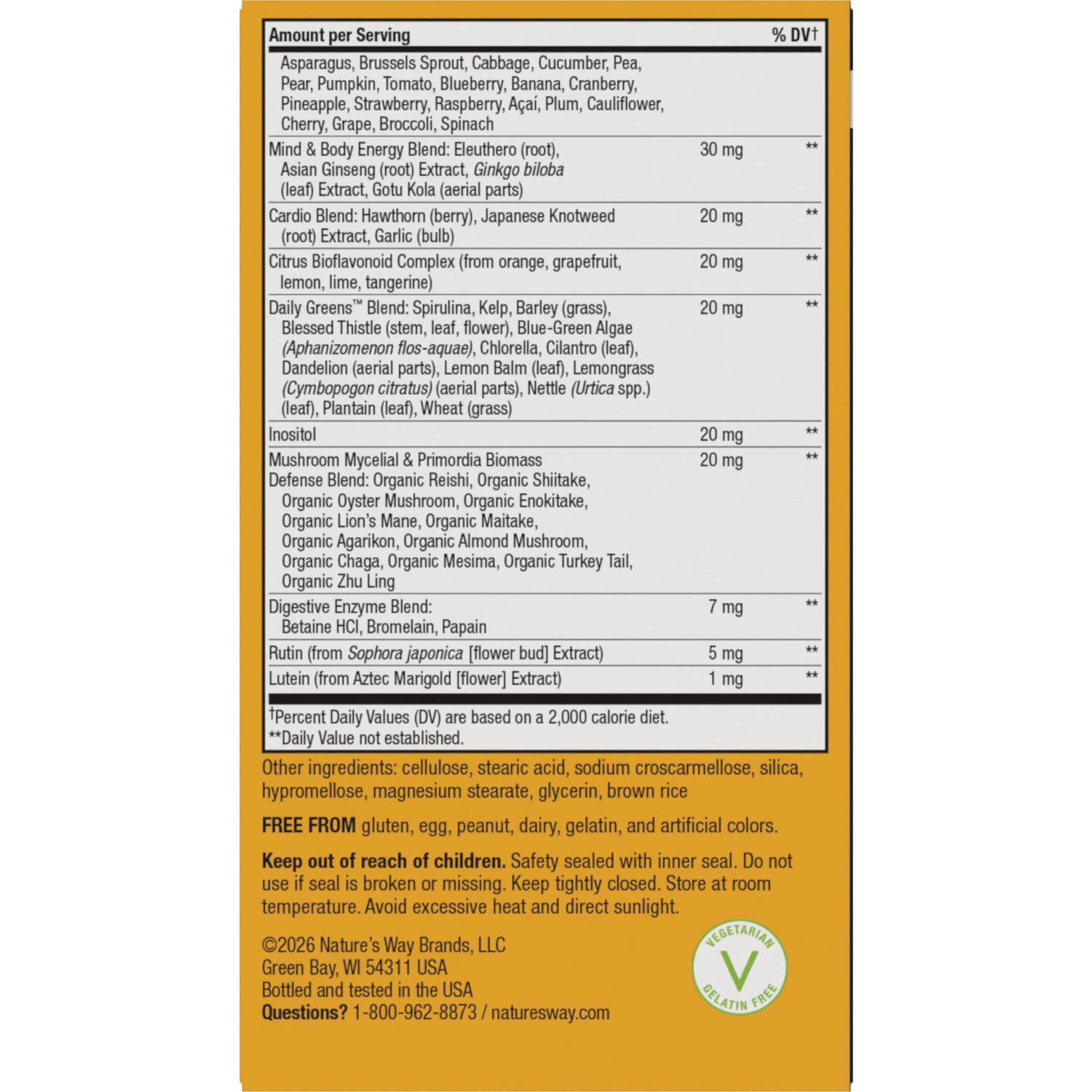 NW1076 | Supplement Facts panel with ingredient blend, other ingredients, and vegetarian gelatin-free seal