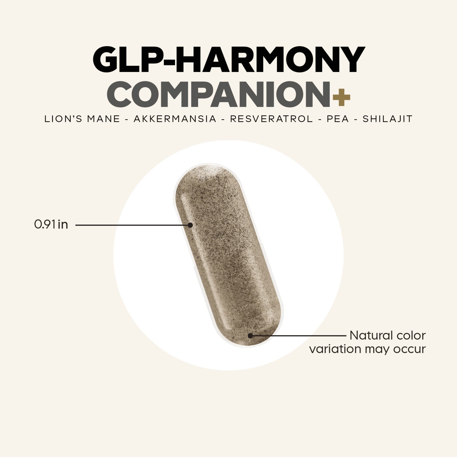 CDG003 | GLP-Harmony Companion+ capsule infographic showing 0.91 in length and natural color variation