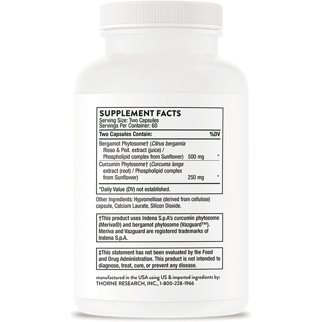 TRN026 | Back label with Supplement Facts for bergamot 500 mg and curcumin 250 mg phytosome capsules - Thumbnail