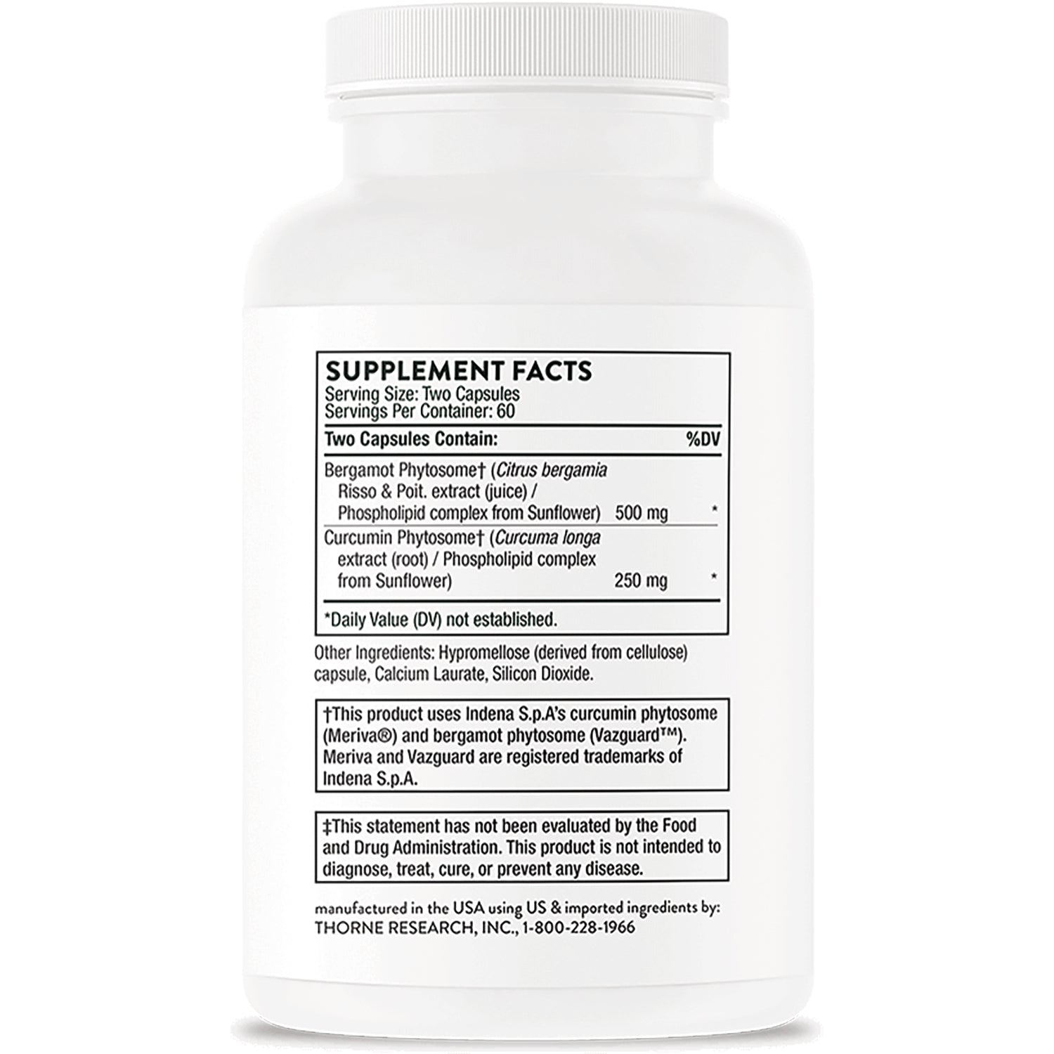TRN026 | Back label with Supplement Facts for bergamot 500 mg and curcumin 250 mg phytosome capsules