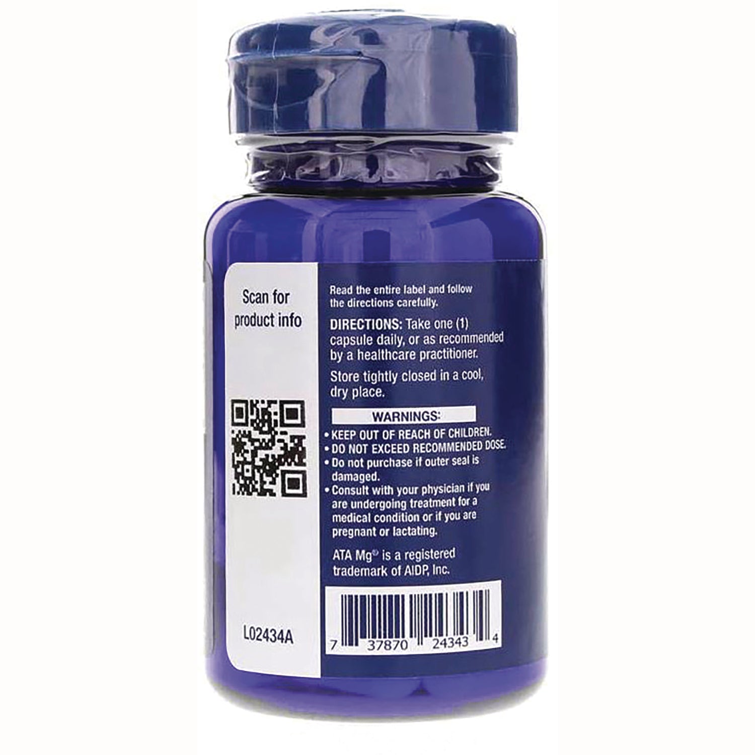 LE584 | Back of blue supplement bottle showing directions, warnings, QR code and barcode