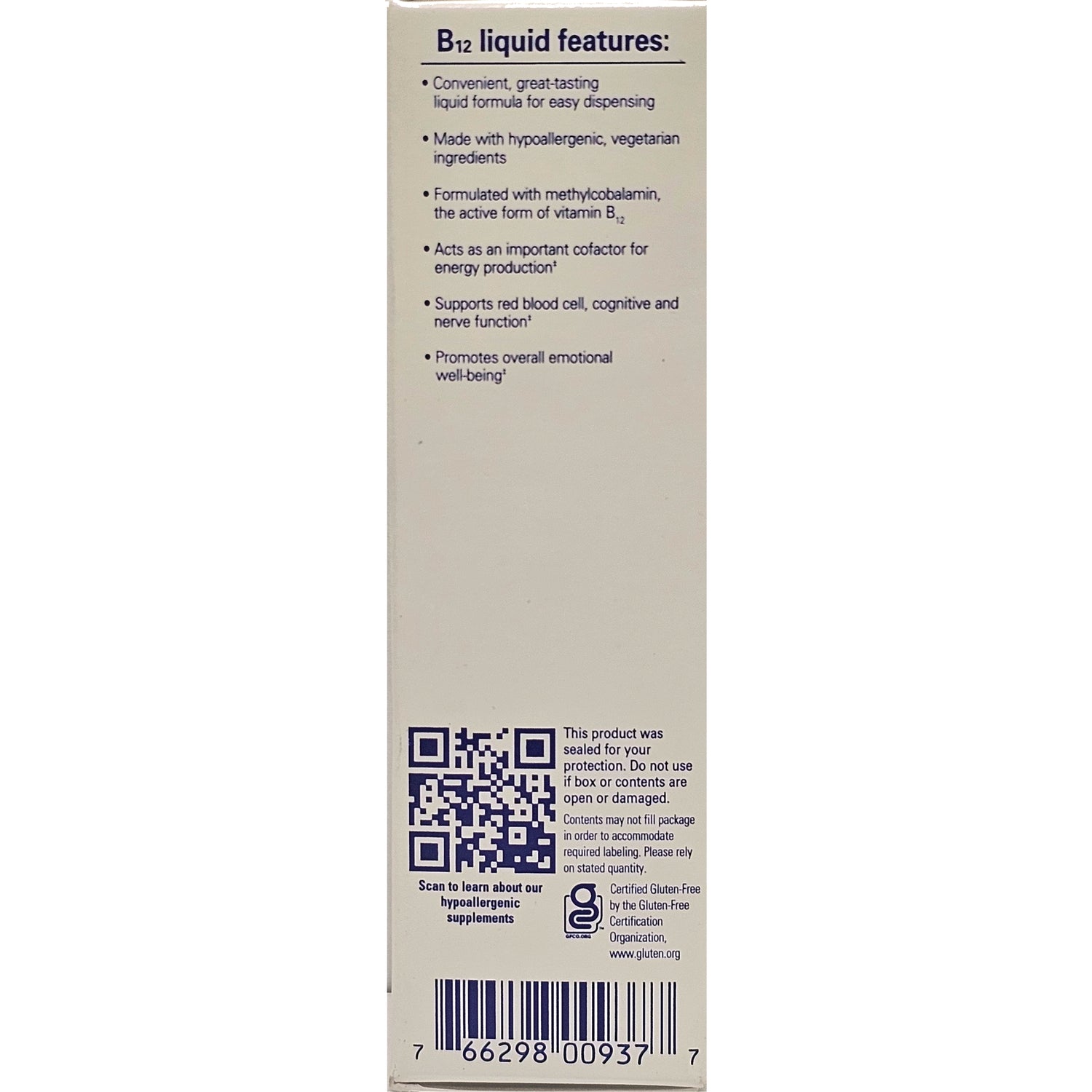 PRN020 | side panel listing B12 liquid features with bullet points, QR code and barcode
