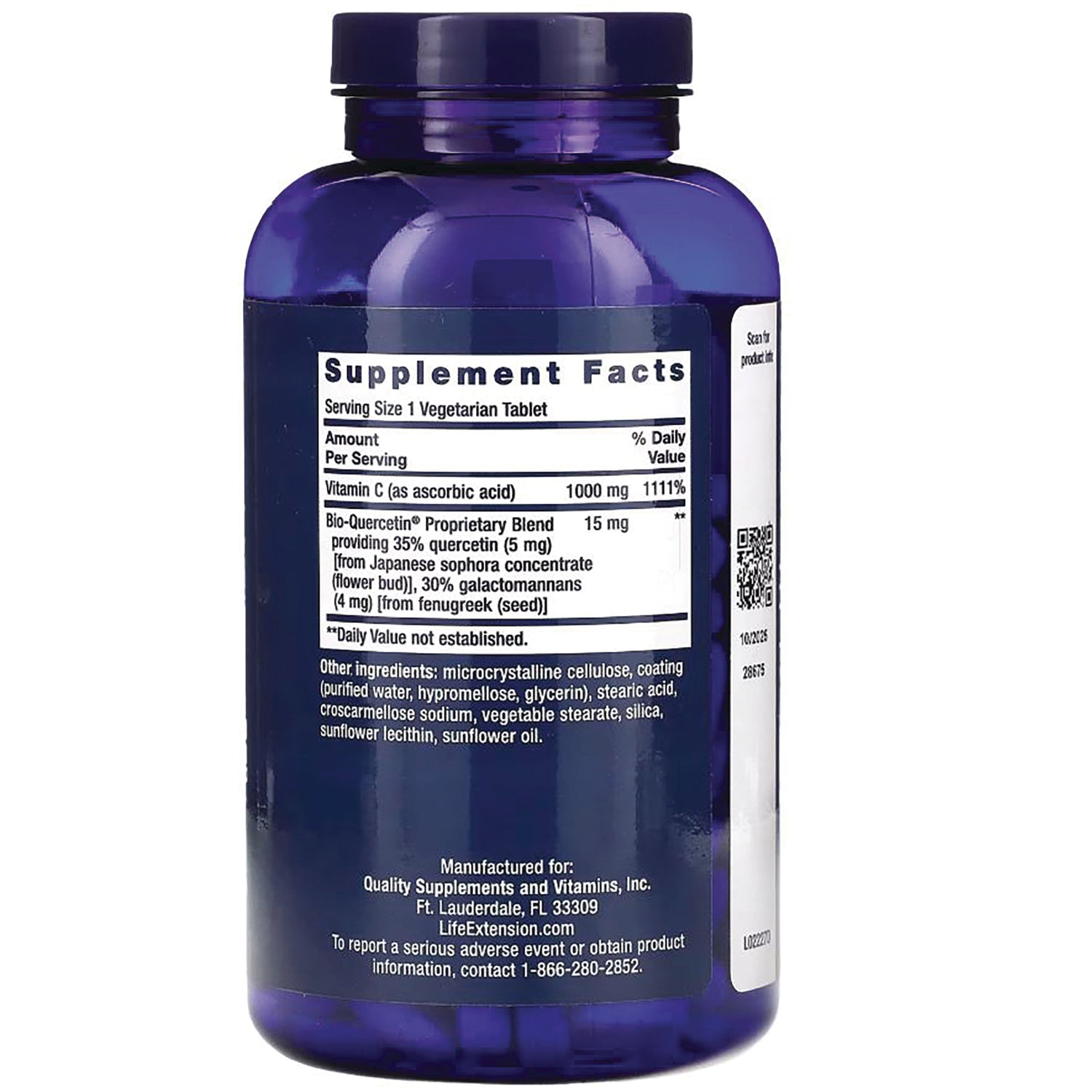 LE458 | Back of blue supplement bottle showing Supplement Facts panel and ingredient list including Vitamin C 1000 mg