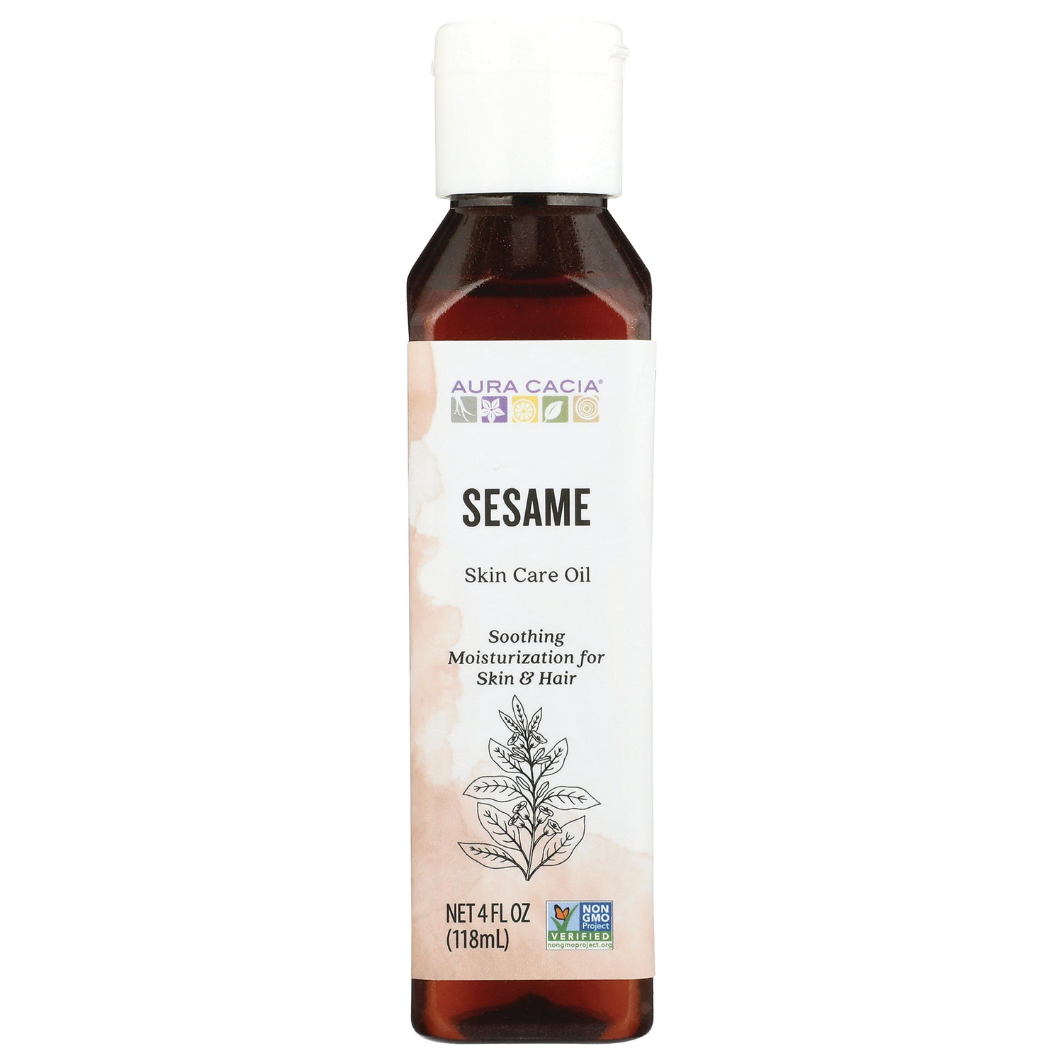 ARC065 | Aura Cacia Sesame Skin Care Oil bottle front showing label 'Sesame', 4 fl oz
