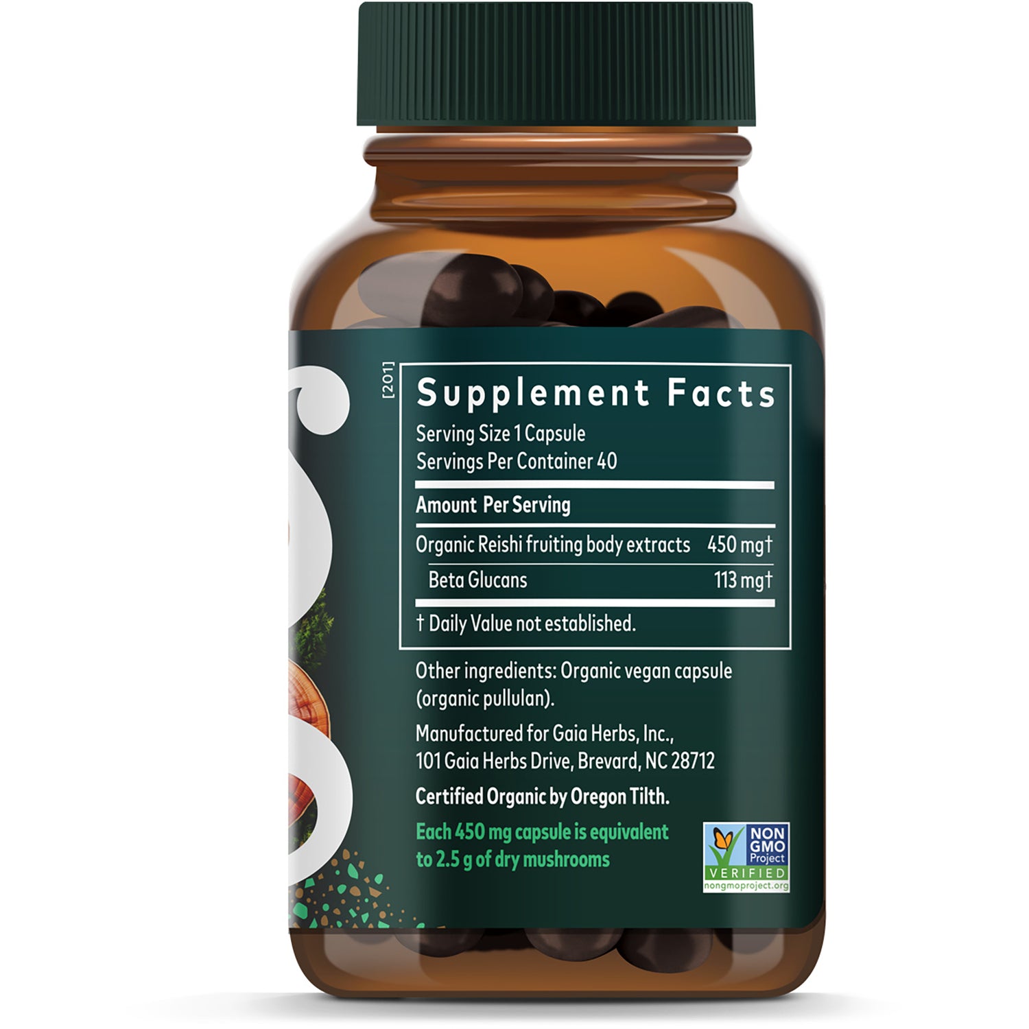 GH149 | back panel showing Supplement Facts, organic Reishi ingredients, and suggested use for capsules