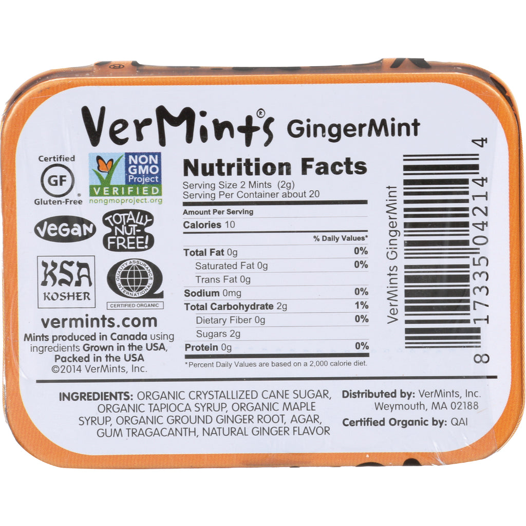 VER002 | Back of VerMints GingerMint tin with Nutrition Facts, ingredients, certifications, and barcode - Thumbnail